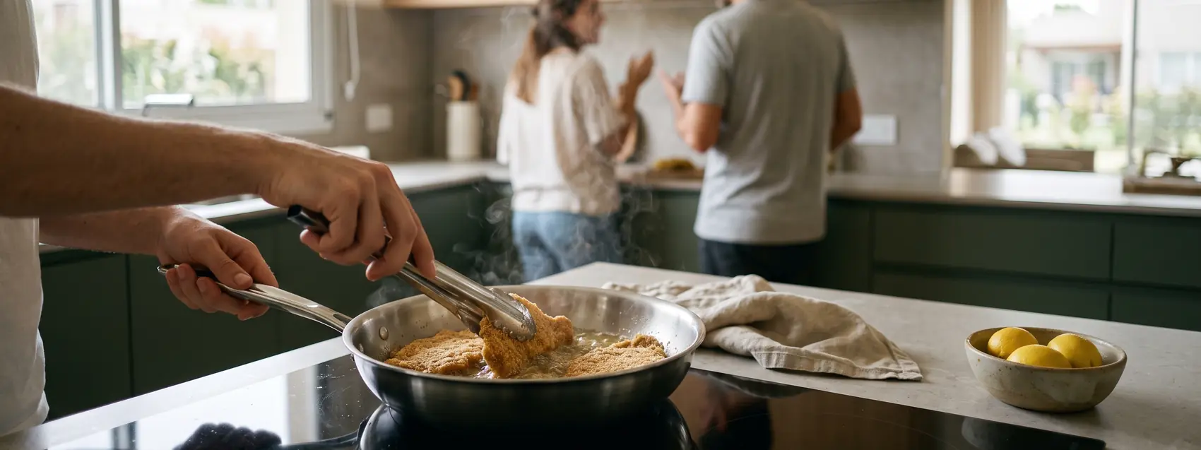 Manos friendo milanesas en una sartén mientras dos personas conversan de fondo
