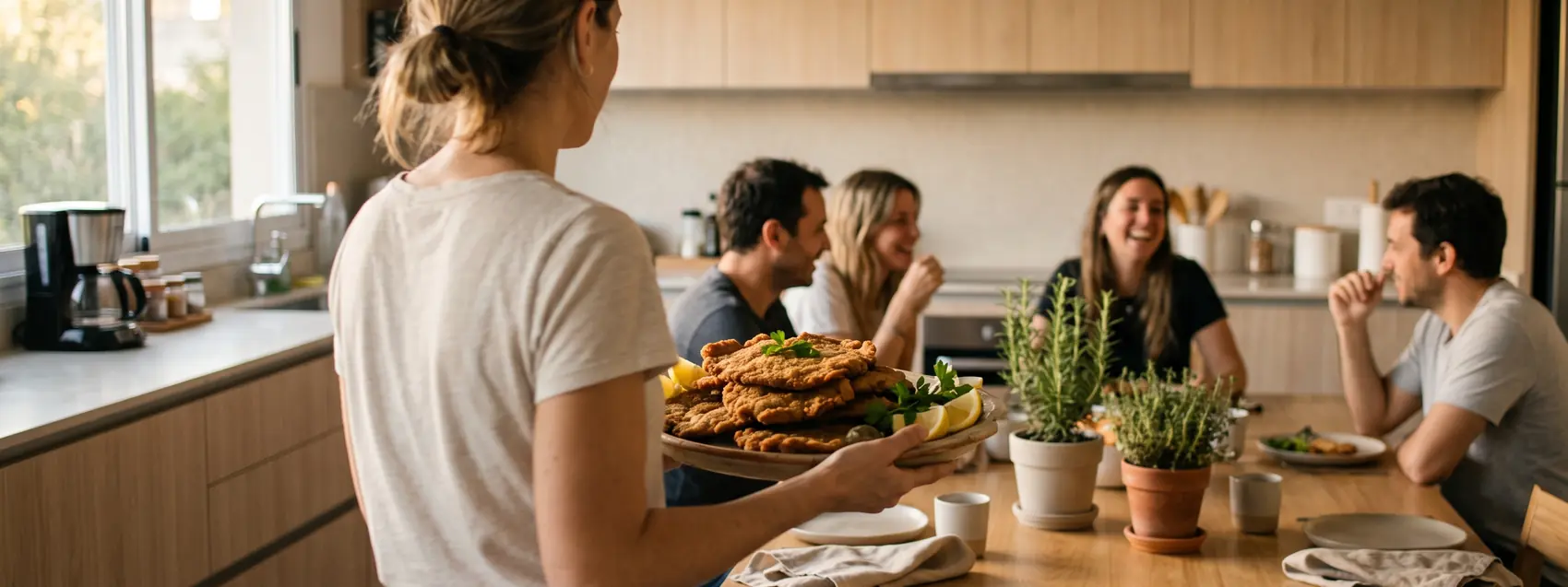 Una mujer lleva una fuente de milanesas a la mesa mientras sus amigos conversan