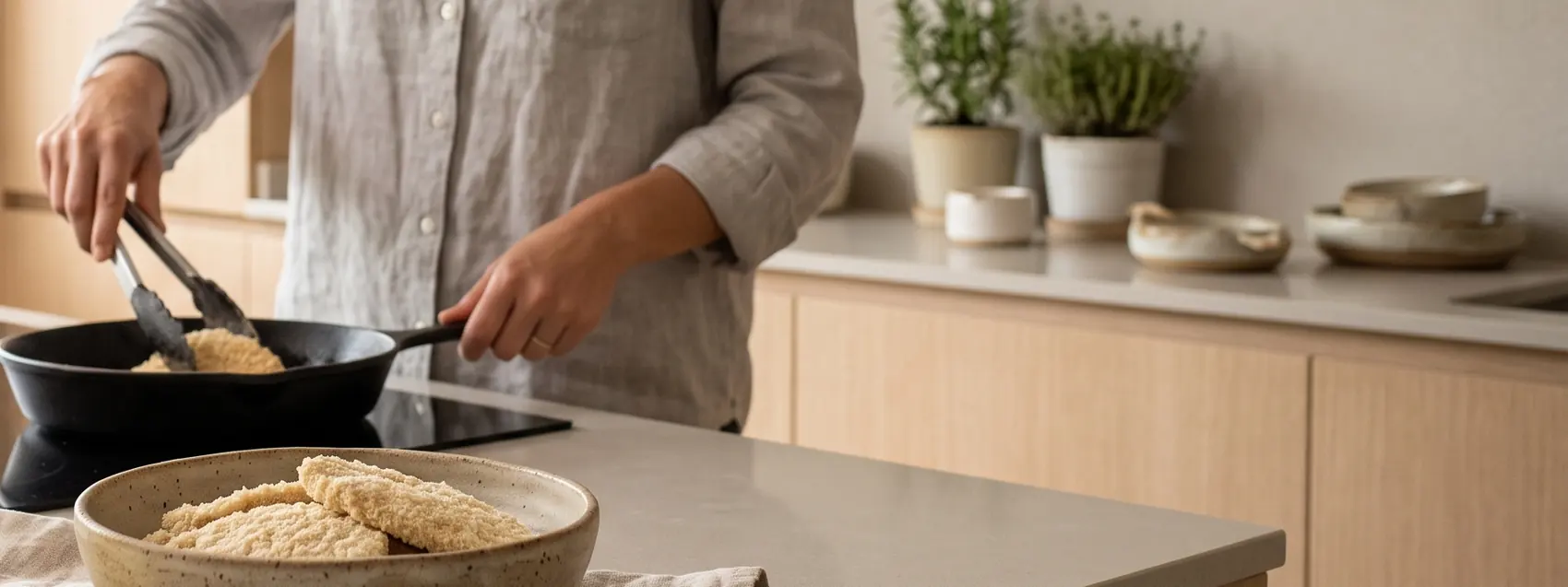 Una persona fríe milanesas en una cocina contemporánea