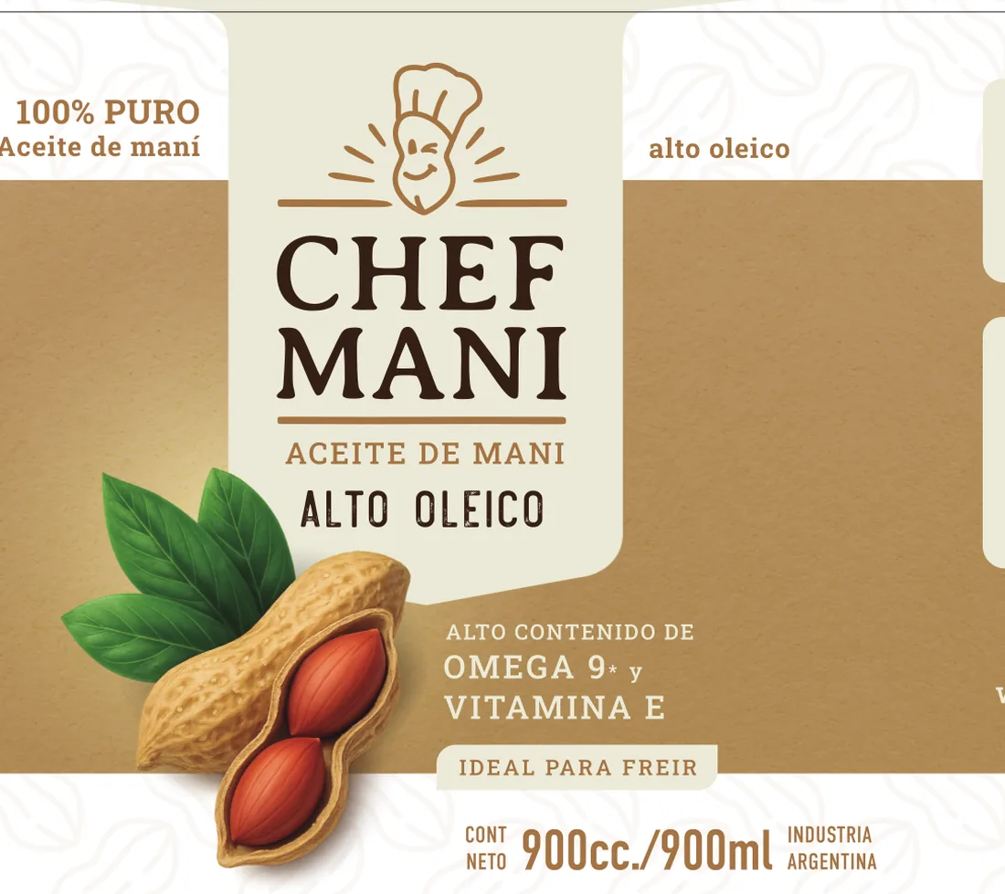 Rótulo de Chef Maní: denominación, Omega 9, vitamina E e ideal para freír
